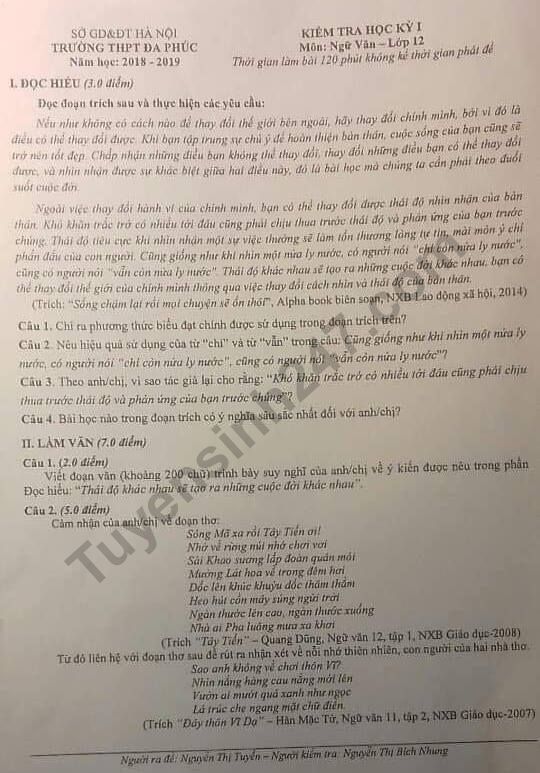 De thi ki 1 lop 12 mon Van 2018 - THPT Da Phuc