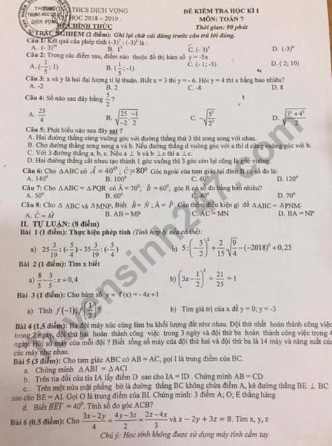 De kiem tra mon Toan ki 1 lop 7 THCS Dich Vong 2018 - co dap an