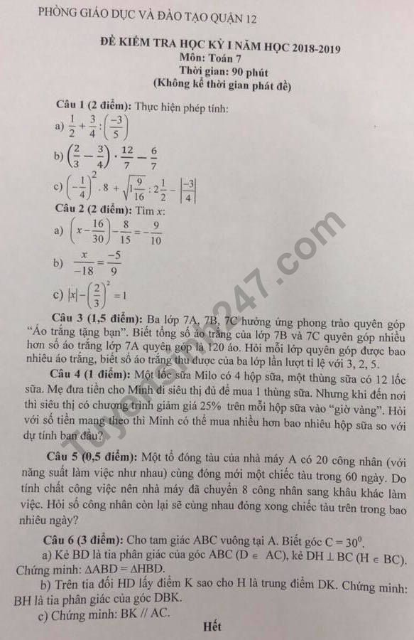 De thi ki 1 lop 7 mon Toan Quan 12 nam 2018 - 2019