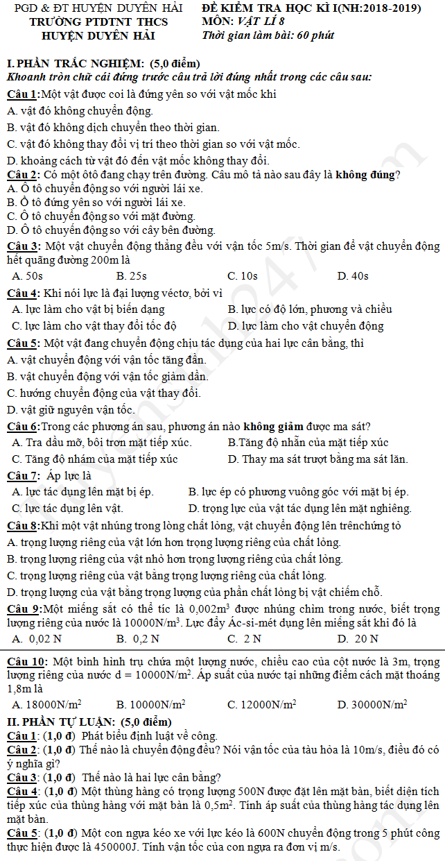 De thi ki 1 lop 8 mon Ly 2018 - Duyen Hai