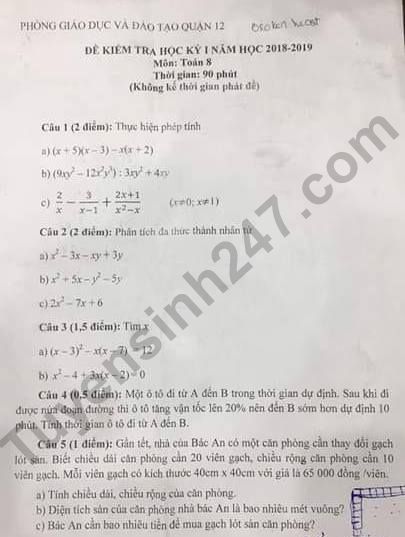 De thi ki 1 lop 8 mon Toan Quan 12 nam 2018