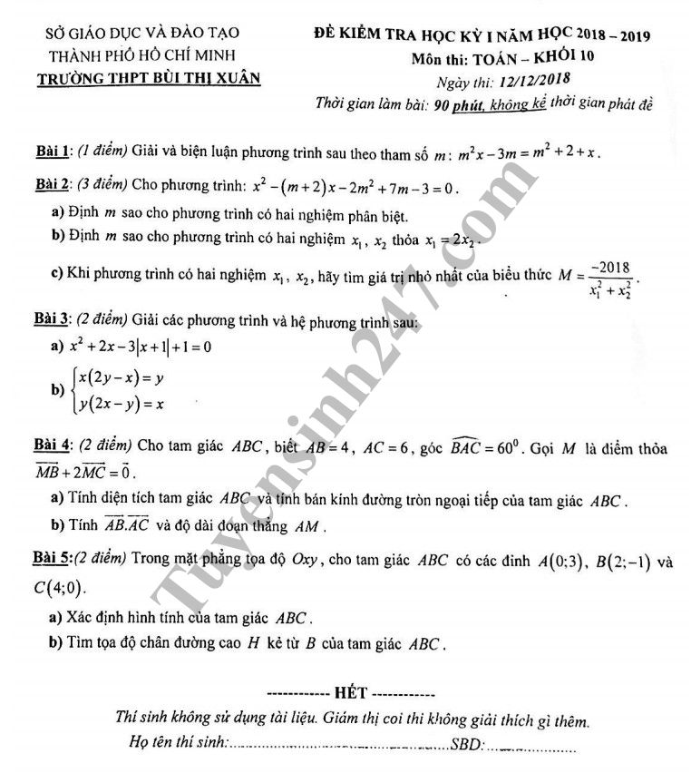 De thi hoc ky 1 lop 10 mon Toan - THPT Bui Thi Xuan nam 2018