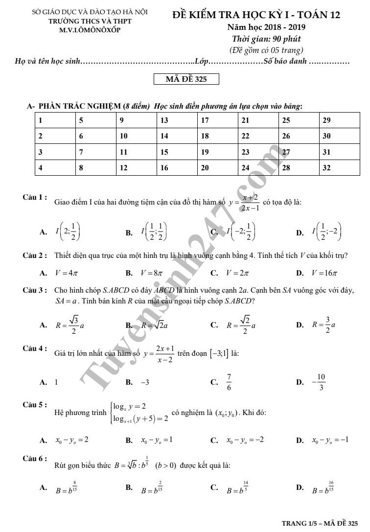 De thi hoc ky 1 lop 12 mon Toan - THCS&THPT M.V.Lomonoxop 2018