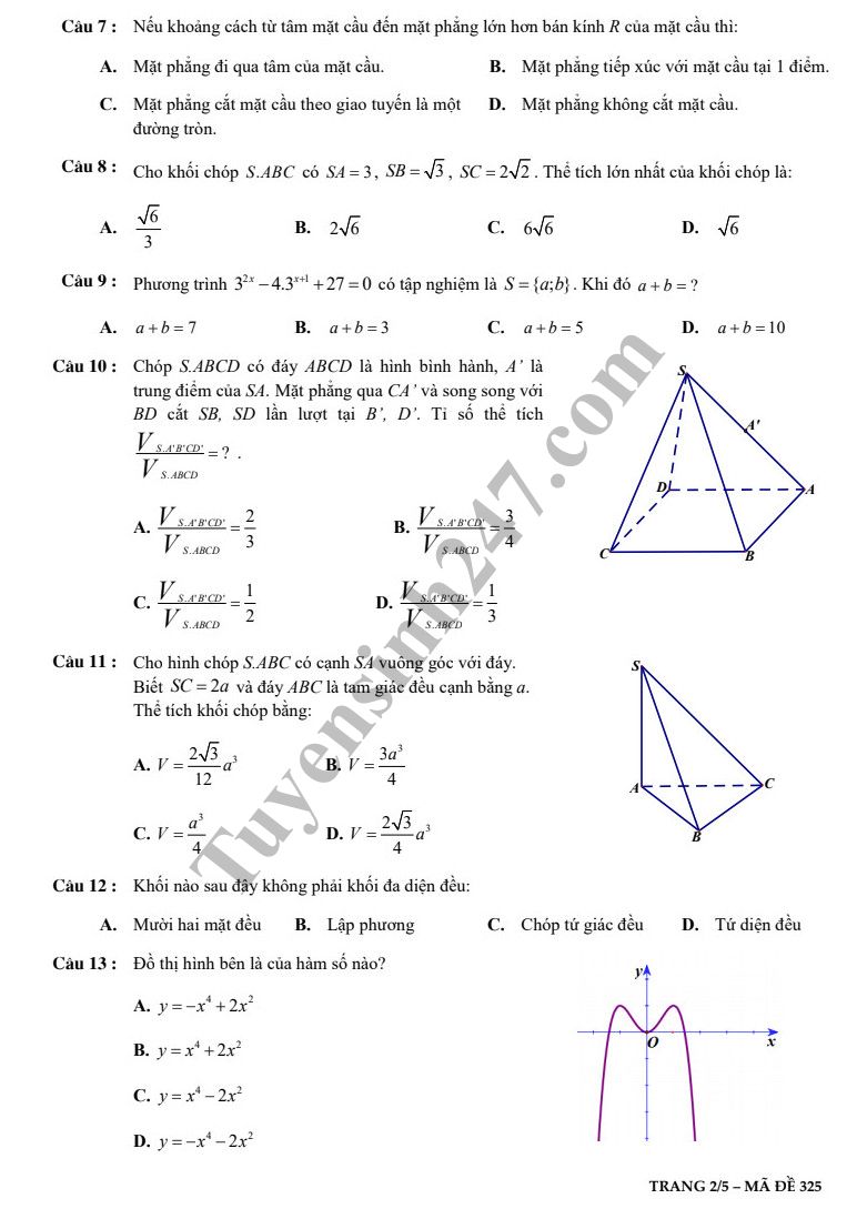 De thi hoc ky 1 lop 12 mon Toan - THCS&THPT M.V.Lomonoxop 2018