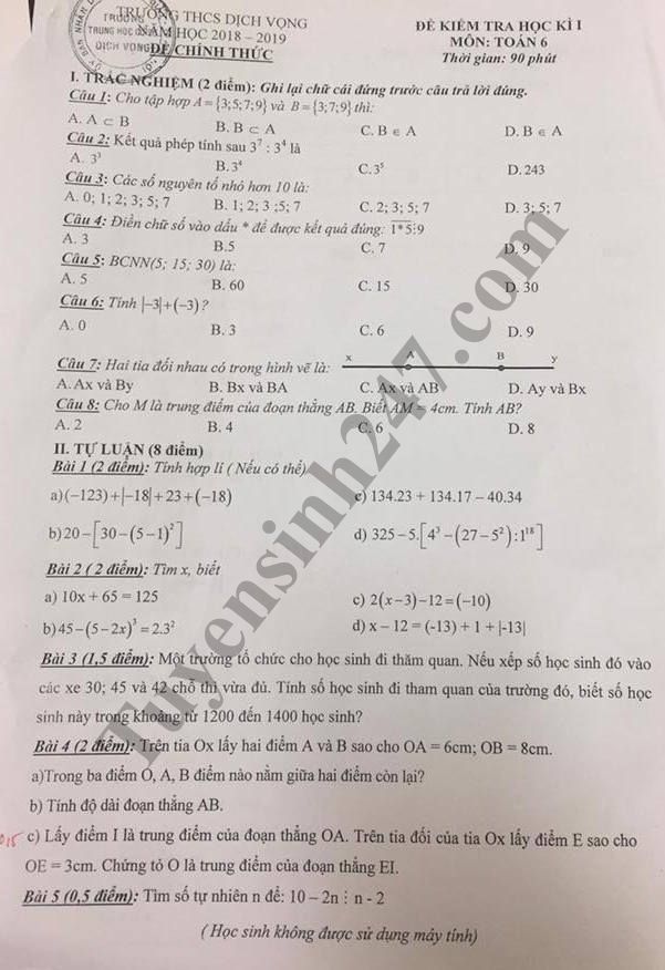 De thi hoc ky 1 lop 6 mon Toan - THCS Dich Vong nam 2018