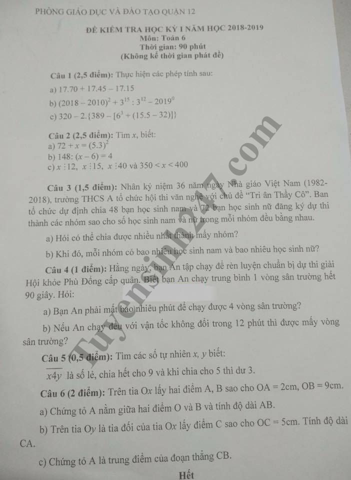 De thi hoc ky 1 lop 6 mon Toan - Phong GD&DT Quan 12 nam 2018