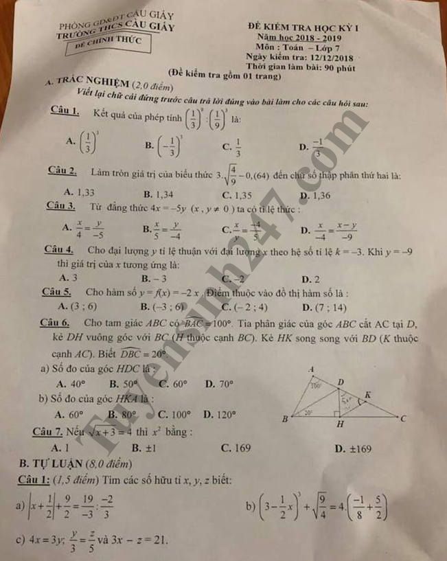 De thi hoc ky 1 lop 7 mon Toan - THCS Cau Giay nam 2018