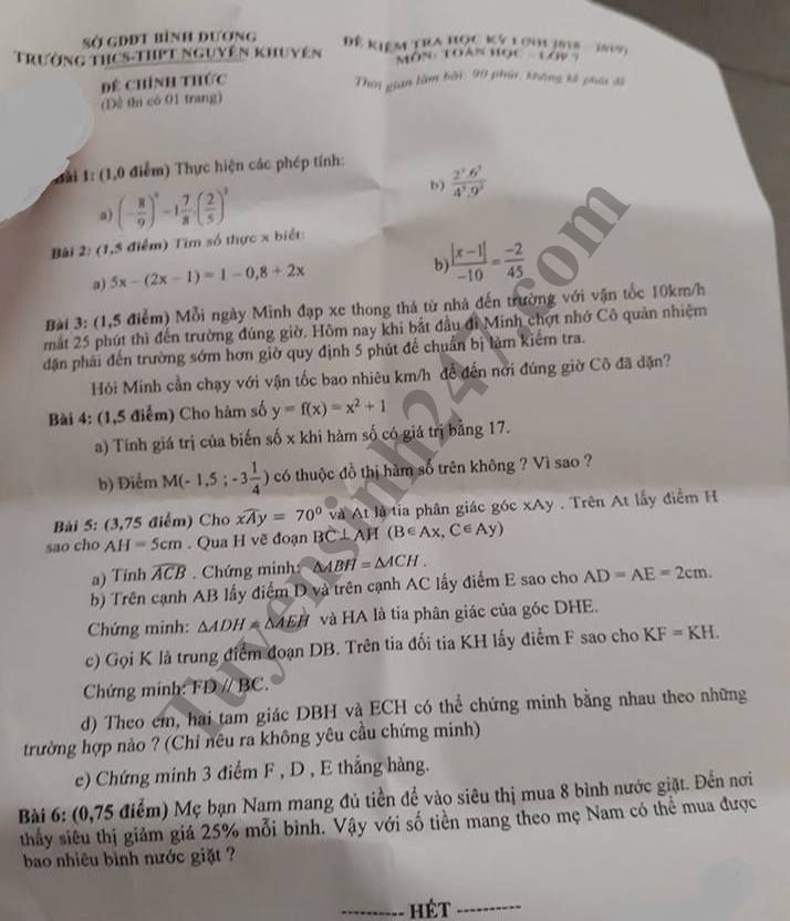 De thi hoc ky 1 lop 7 mon Toan - THCS&THPT Nguyen Khuyen 2018