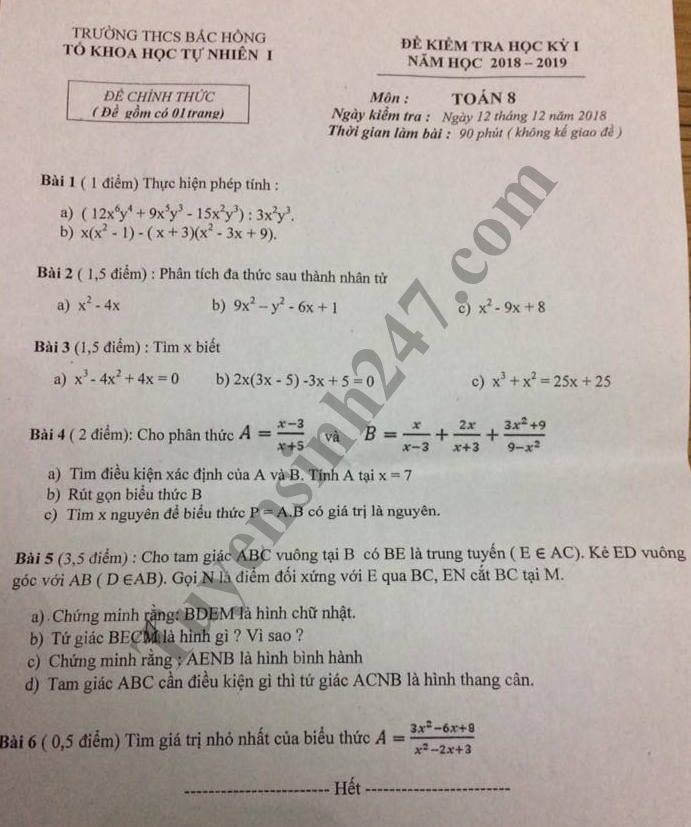 De thi hoc ky 1 lop 8 mon Toan - THCS Bac Hong nam hoc 2018 - 2019