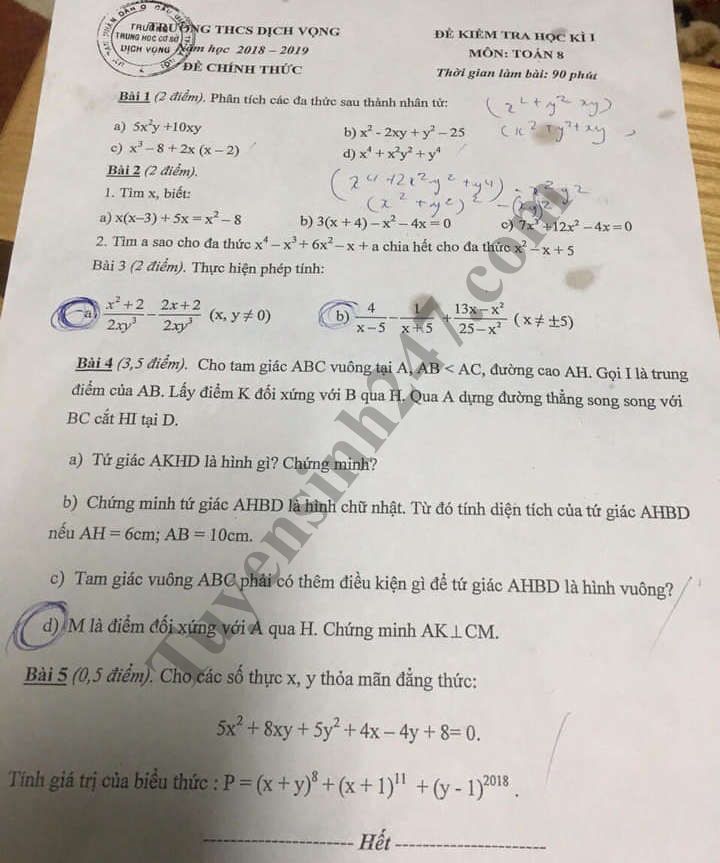 De thi hoc ky 1 lop 8 mon Toan - THCS Dich Vong nam 2018