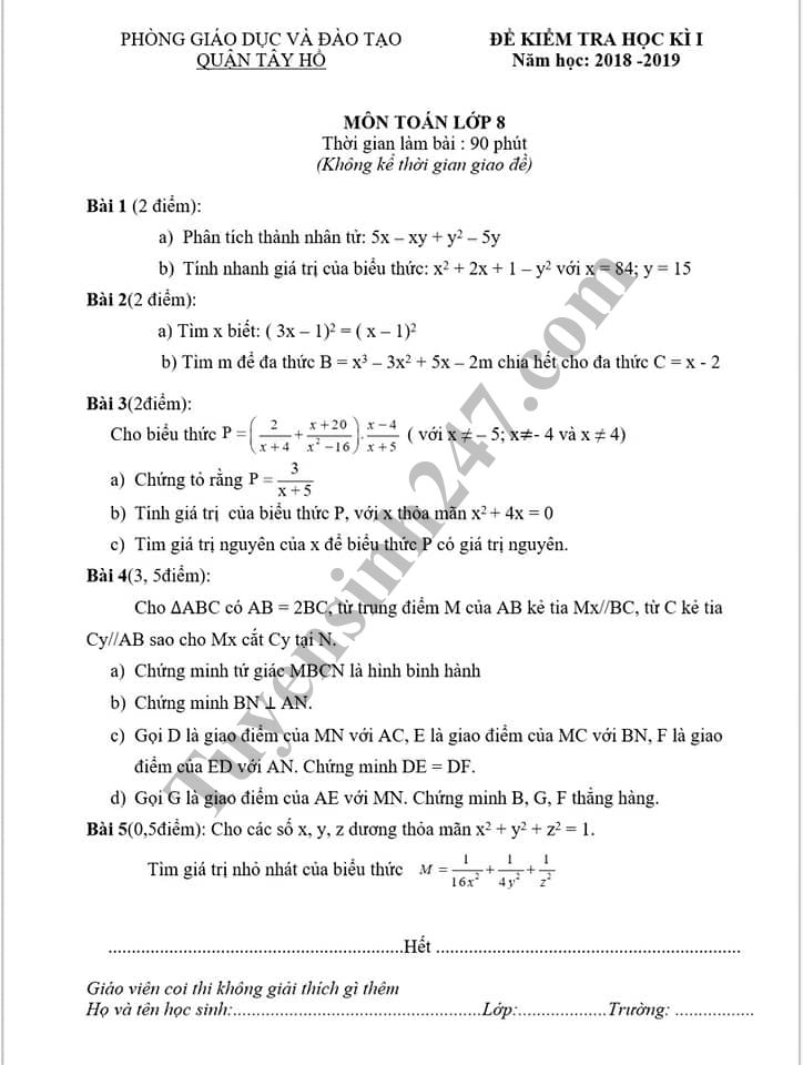 De thi hoc ky 1 lop 8 mon Toan - Phong GD Quan Tay Ho nam 2018