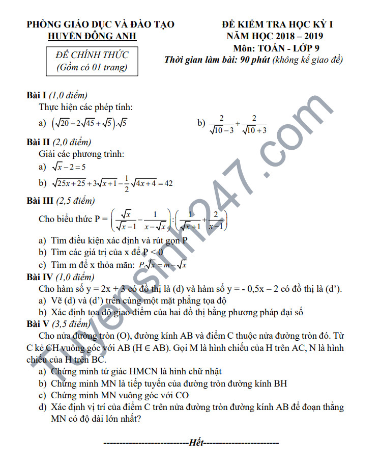 De thi hoc ky 1 lop 9 mon Toan - Phong GD Dong Anh nam 2018
