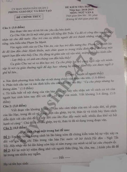 De thi hoc ky 1 lop 8 mon Van - Phong GD&DT Quan 2 nam 2018