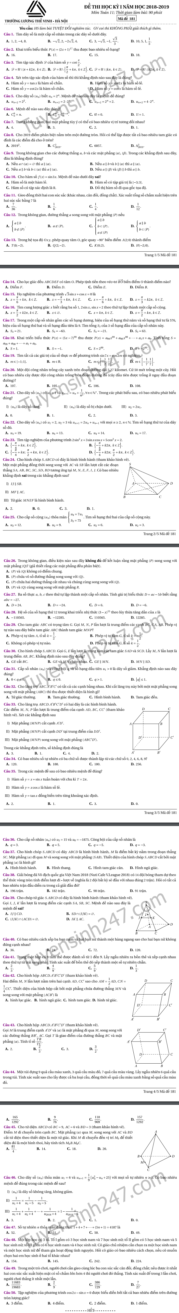 De thi ki 1 lop 11 mon Toan THPT Luong The Vinh 2018