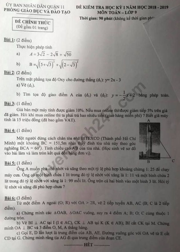 De thi ki 1 lop 9 mon Toan 2018 - Quan 11