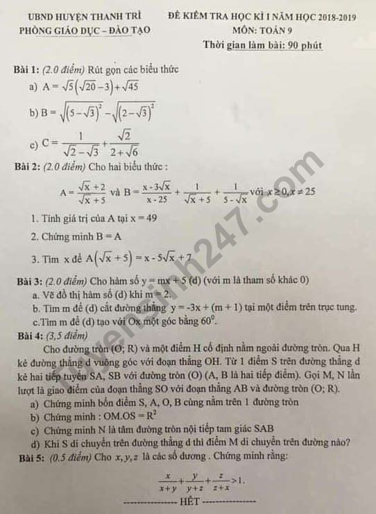 De thi ki 1 lop 9 mon Toan 2018 - Thanh Tri