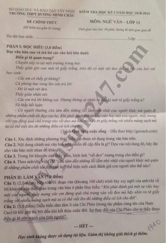 De thi hoc ky 1 lop 11 mon Van - THPT Duong Minh Chau nam 2018