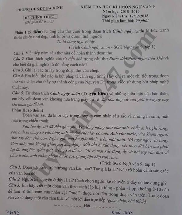 De thi hoc ky 1 lop 9 mon Toan nam 2018 - Phong GDDT Ba Dinh