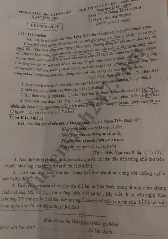 De thi hoc ky 1 lop 9 mon Van - Phong GD Quan Dong Da 2018