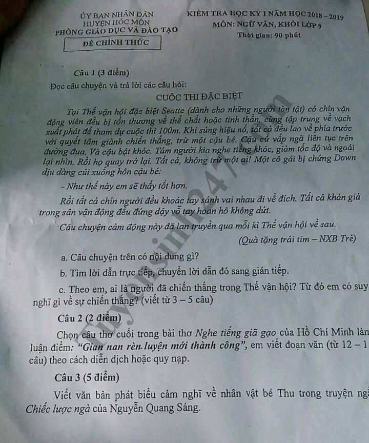 De thi hoc ky 1 lop 9 mon Van - Phong GD Huyen Hoc Mon 2018