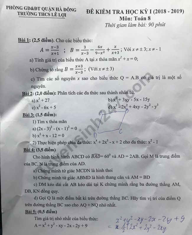 De thi ki 1 mon Toan lop 8 nam 2018 - THCS Le Loi