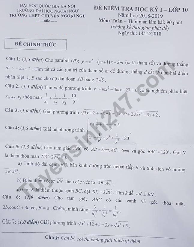 De thi hoc ki 1 mon Toan lop 10 THPT Chuyen Ngoai ngu 2018