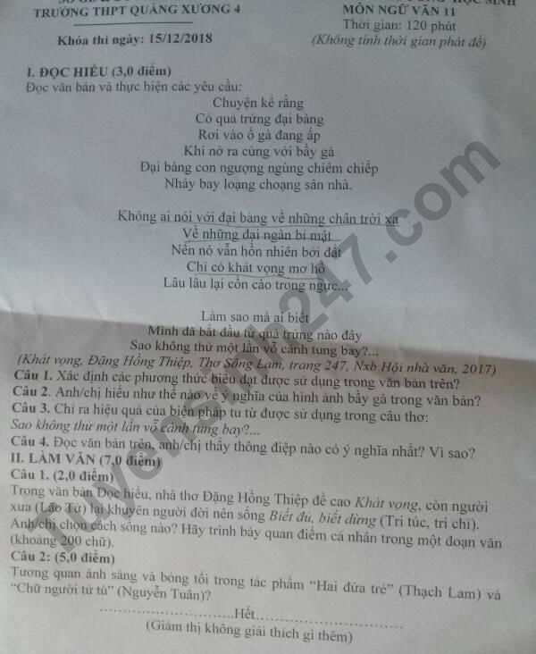 De thi hoc ki 1 lop 11 mon Van THPT Quang Xuong 4 nam 2018