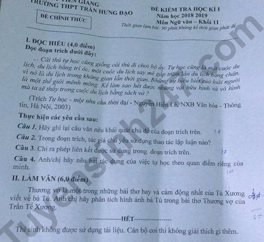De thi ki 1 lop 11 mon Van 2018 - 2019 THPT Tran Hung Dao