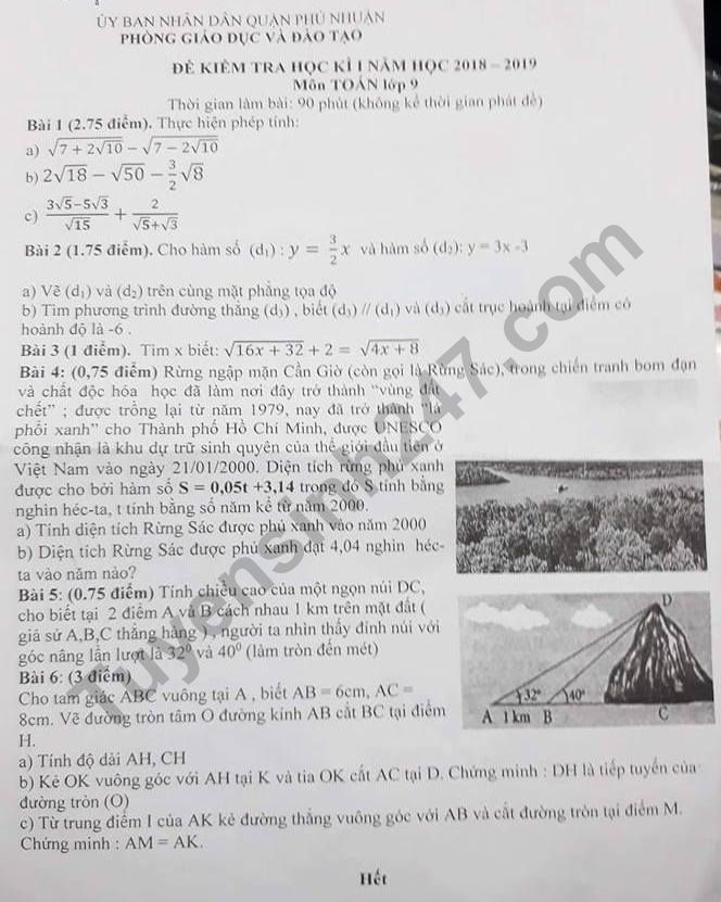De thi ki 1 lop 9 mon Toan 2018 - 2019 Quan Phu Nhuan