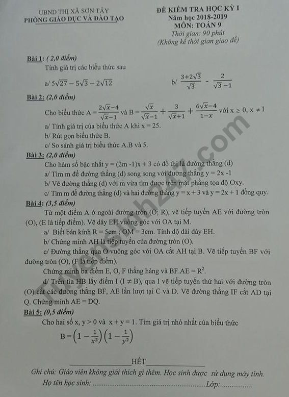De thi ki 1 lop 9 mon Toan Son Tay 2018 - 2019
