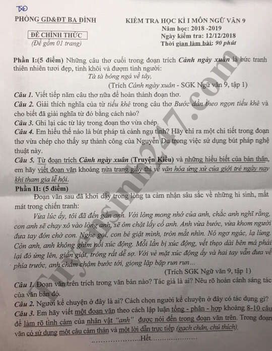 De thi hoc ky 1 lop 9 mon Van - Phong GD Quan Ba Dinh 2018