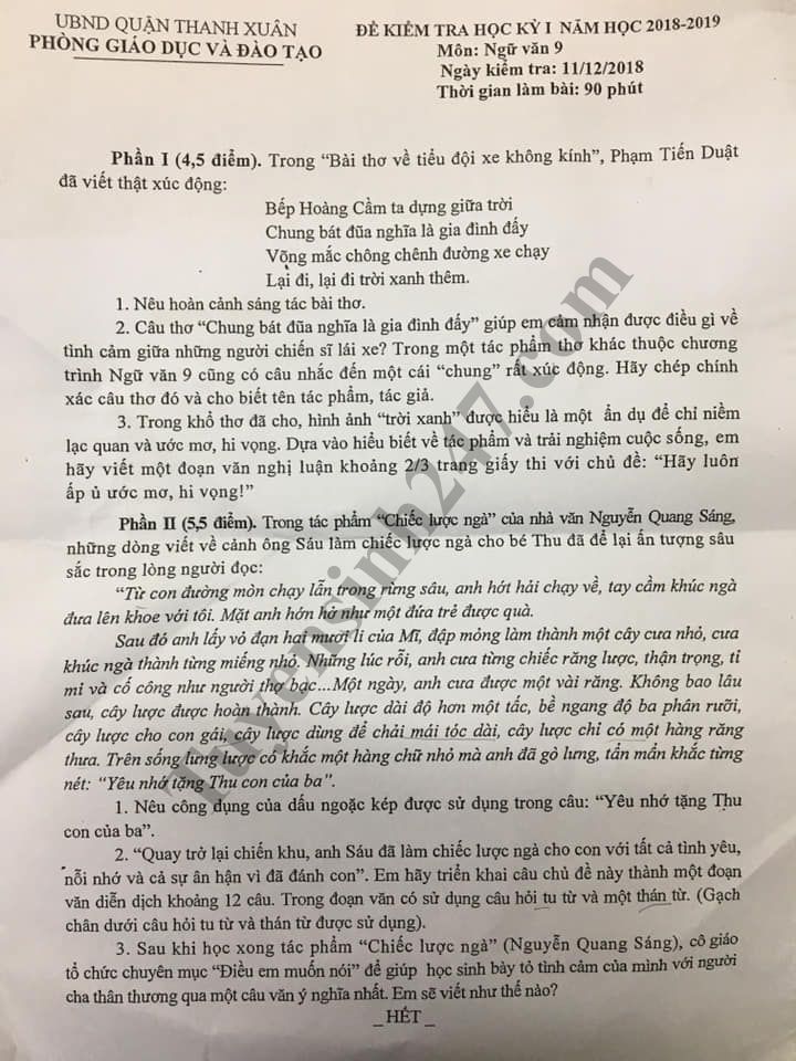 De thi hoc ky 1 lop 9 mon Van - Phong GD Thanh Xuan 2018
