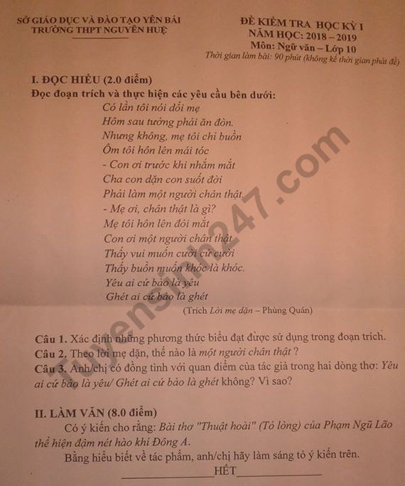 De thi ki 1 lop 10 mon Van 2018 - 2019 THPT Nguyen Hue