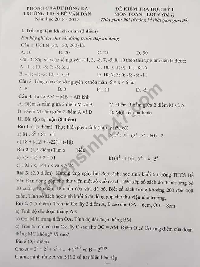 De thi ki 1 lop 6 mon Toan 2018 - THCS Be Van Dan