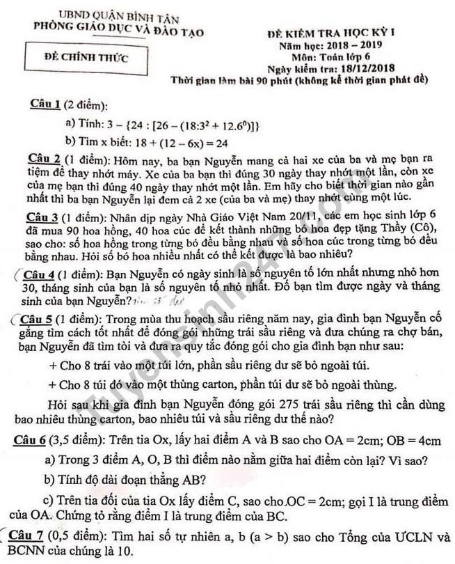 De thi hoc ki 1 lop 6 mon Toan 2018 - Quan Binh Tan