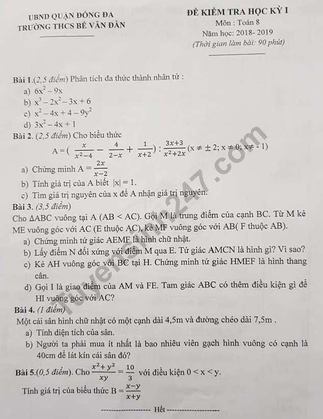 De thi ki 1 lop 8 mon Toan THCS Be Van Dan 2018