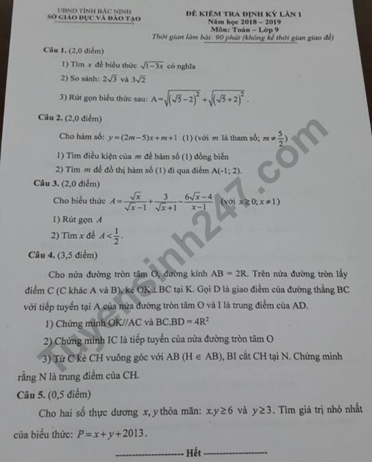 De thi ki 1 lop 9 mon Toan Bac Ninh 2018