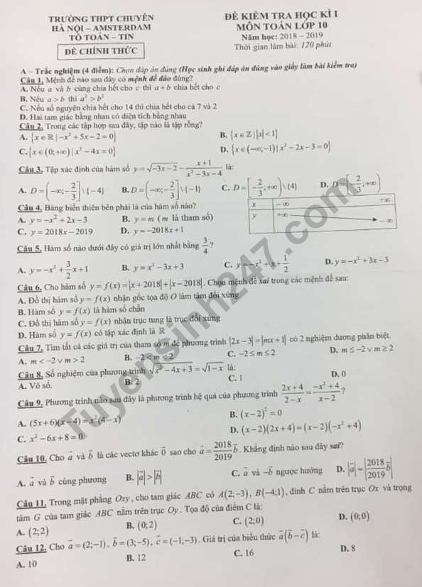 De thi ki 1 lop 10 mon Toan Chuyen Amsterdam 2018