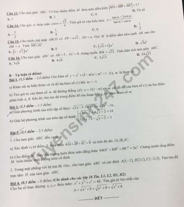 De thi ki 1 lop 10 mon Toan Chuyen Amsterdam 2018