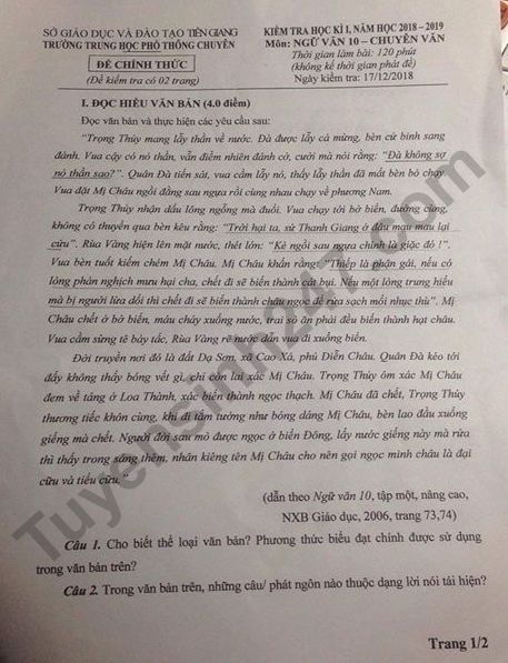 De thi ki 1 lop 10 mon Van 2018 - THPT Chuyen Tien Giang