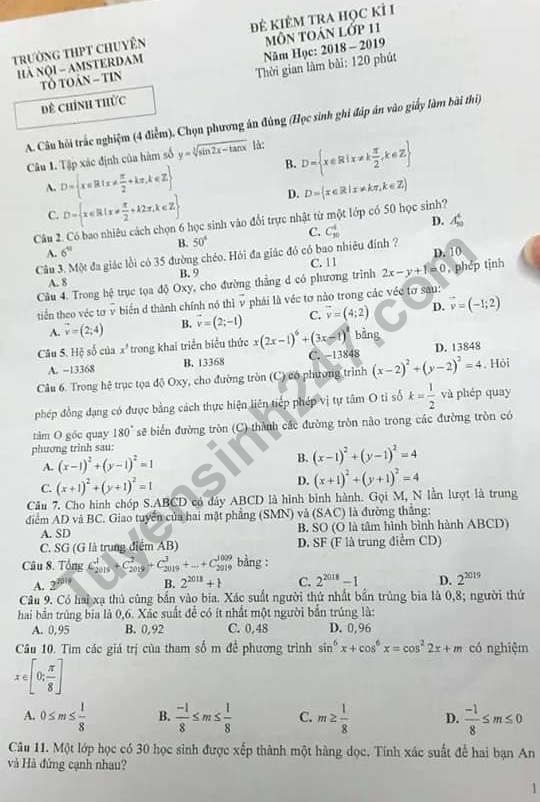 De thi ki 1 lop 11 mon Toan 2018 - 2019 Chuyen Amsterdam