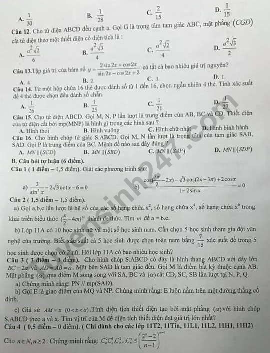 De thi ki 1 lop 11 mon Toan 2018 - 2019 Chuyen Amsterdam
