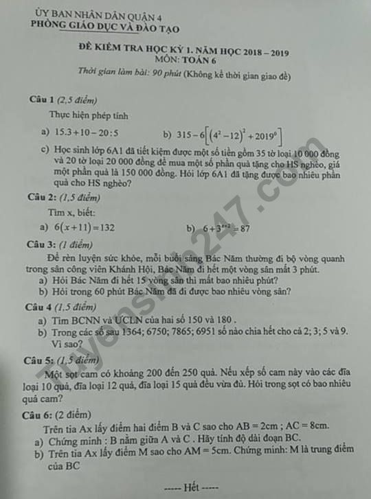 De thi ki 1 lop 6 mon Toan Quan 4 nam 2018