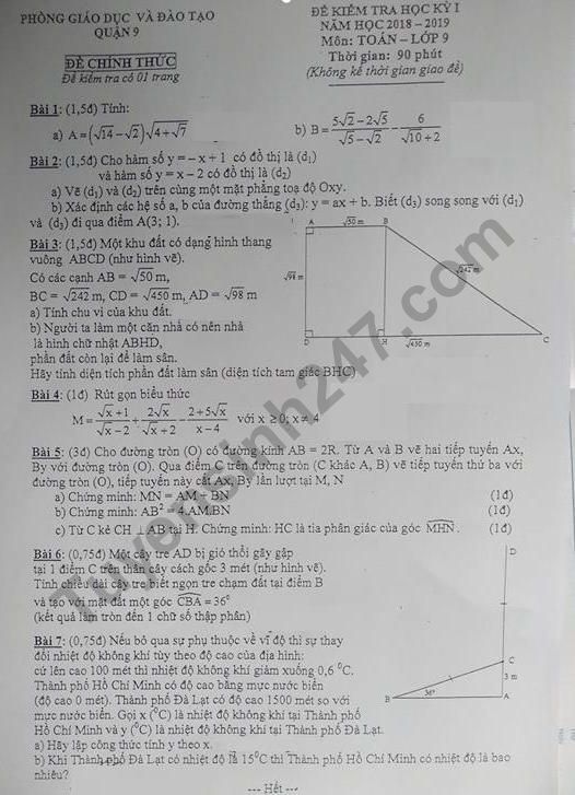 De thi ki 1 lop 9 mon Toan Quan 9 nam 2018