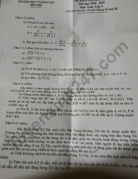 De thi ki 1 lop 9 mon Toan So GD Ben Tre 2018 - 2019