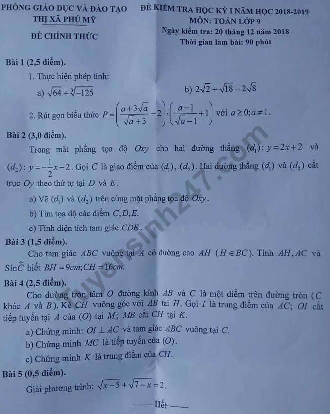 De thi ki 1 lop 9 mon Toan 2018 - Phu My