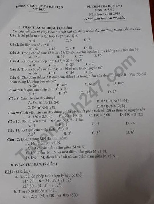 De thi hoc ki 1 mon Toan lop 6 My Duc 2018