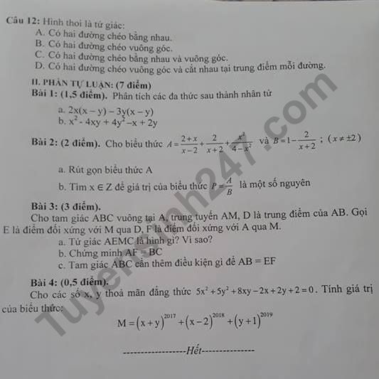 Dap an de thi ki 1 lop 8 mon Toan 2018 - My Duc