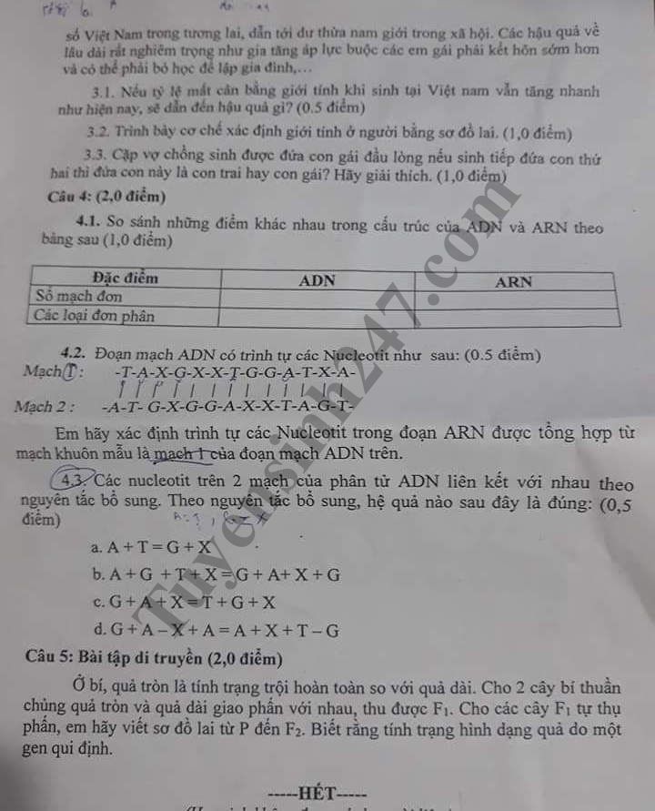 De thi hoc ky 1 lop 9 mon Sinh - Phong GD Quan 7 nam 2018