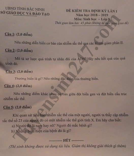 De thi hoc ky 1 lop 9 mon Sinh 2018 - So GD Bac Ninh